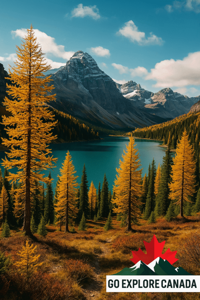 Golden larch trees and autumn landscape in Alberta’s Rockies