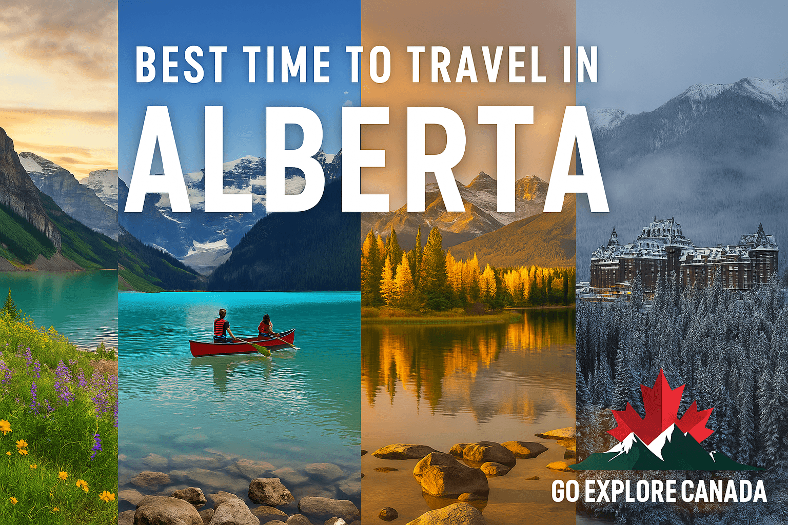 Collage of Banff, Jasper, Lake Louise, Icefields Parkway, and Alberta badlands in spring, summer, fall, and winter