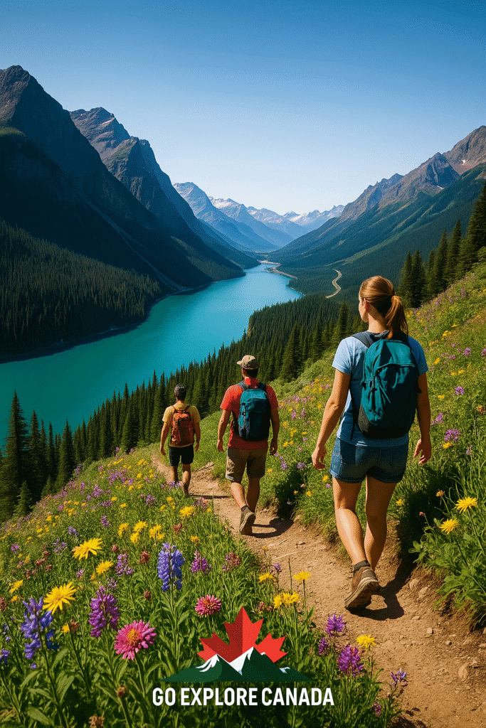 Three hikers exploring Jasper’s mountains under clear summer ski