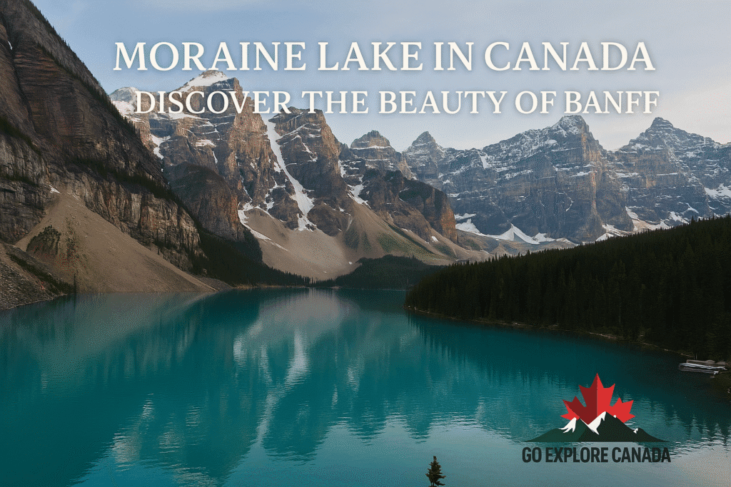 Scenic view of Moraine Lake in Banff with reflection of snowy peaks and pine trees, blog title and Go Explore Canada logo overlaid