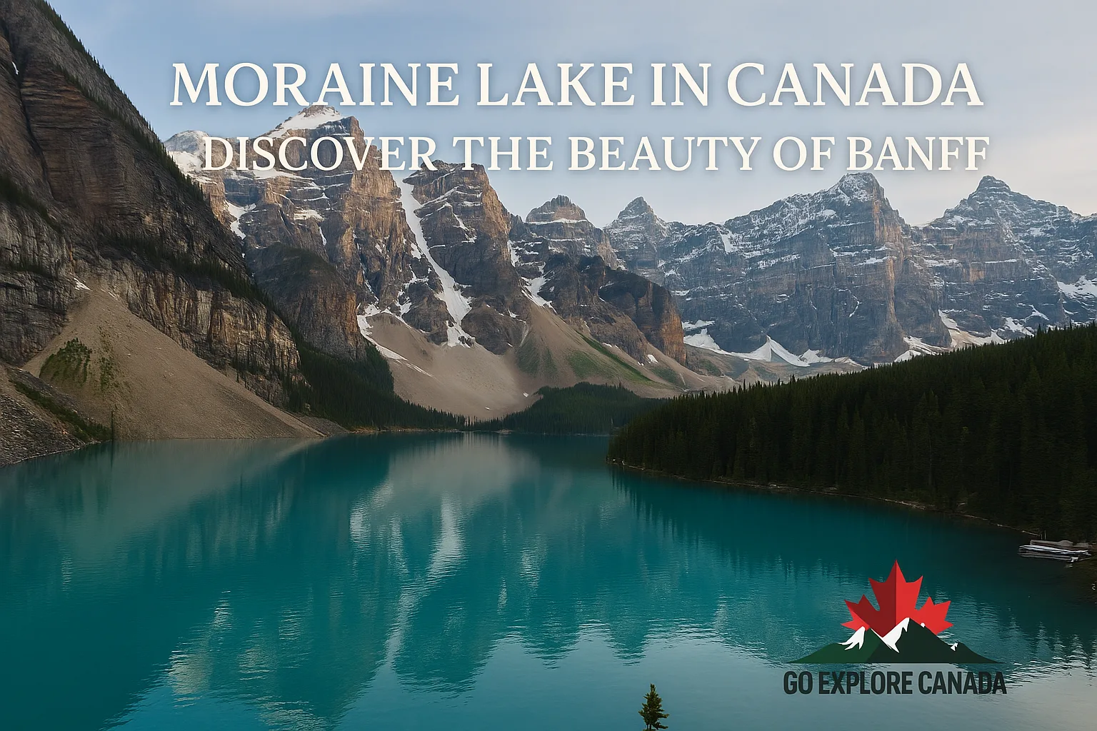 Scenic view of Moraine Lake in Banff with reflection of snowy peaks and pine trees, blog title and Go Explore Canada logo overlaid