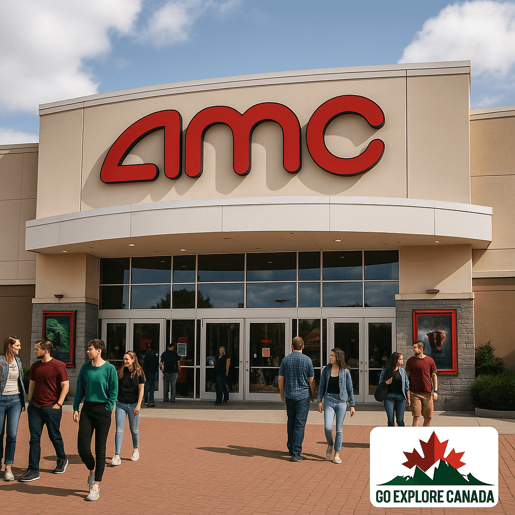 AMC movie theatre entrance at Vancouver Mall with people outside on a sunny day