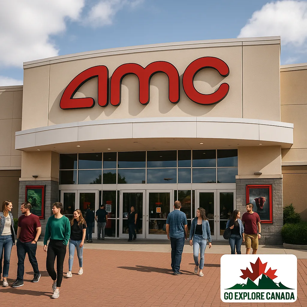 AMC movie theatre entrance at Vancouver Mall with people outside on a sunny day