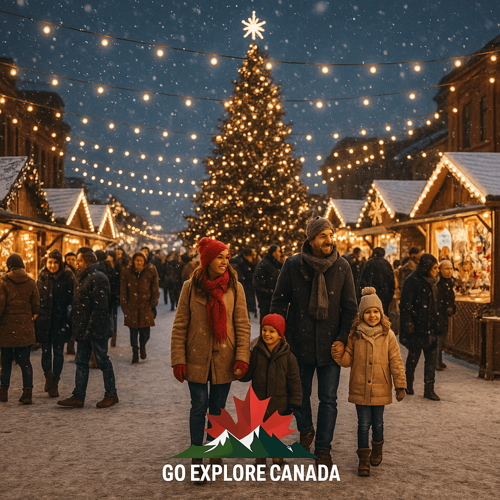 Christmas lights and crowd in a Canadian winter market