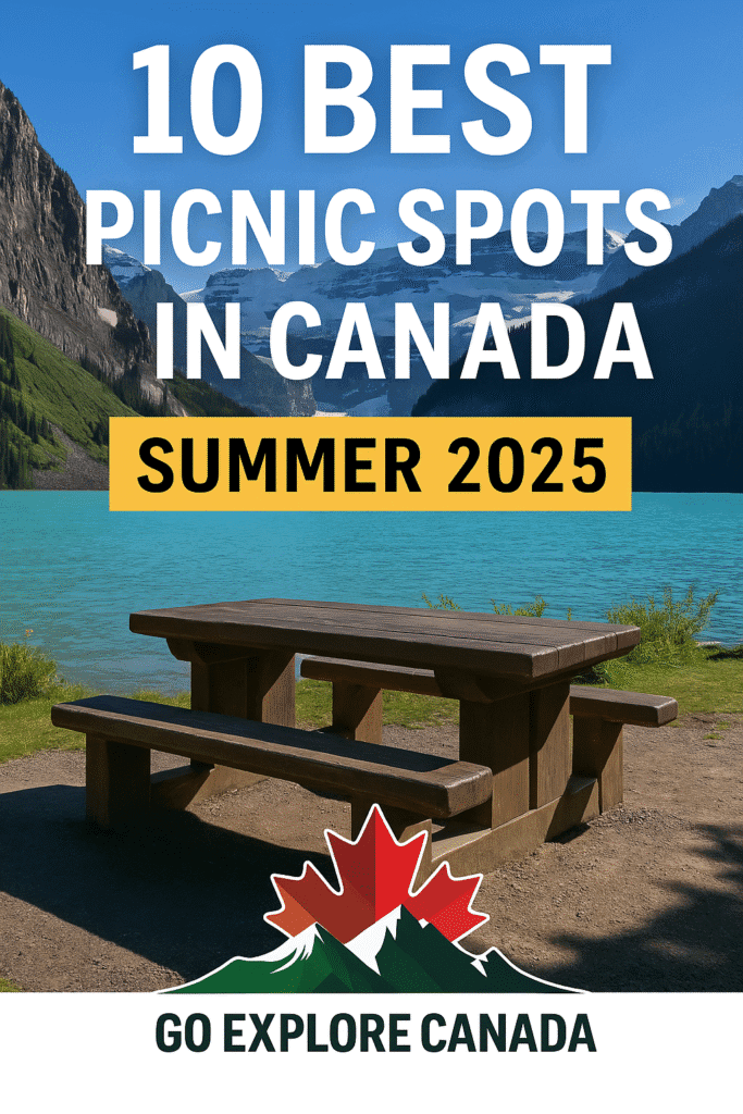 A family enjoying a summer picnic at a scenic park in Canada with trees, sunshine, and a blanket setup