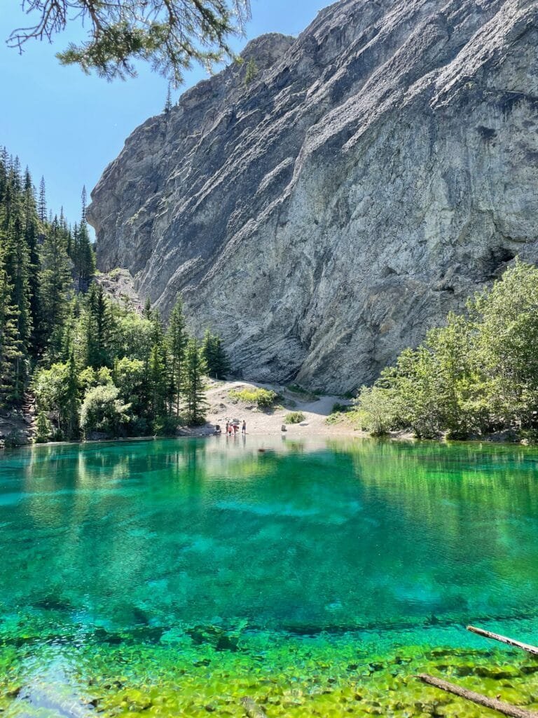 Beginner hikers walking scenic trail in Alberta with mountain and forest views