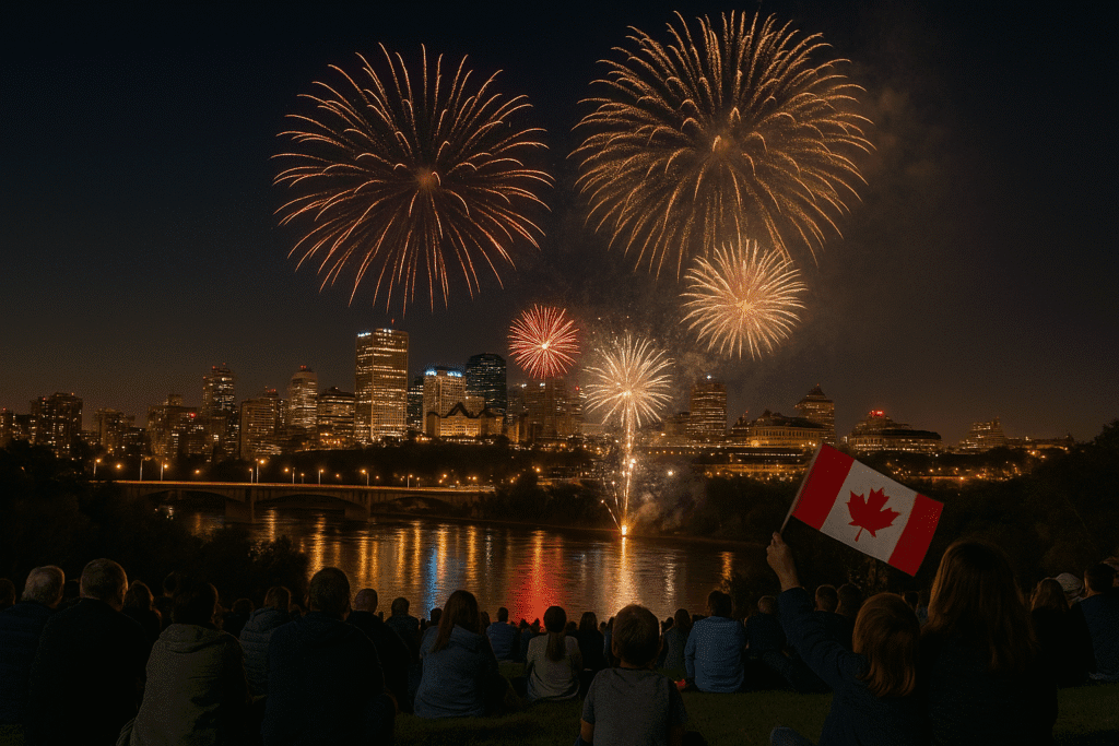 Canada Day fireworks over Edmonton skyline with people watching from a grassy hill and waving Canadian flags