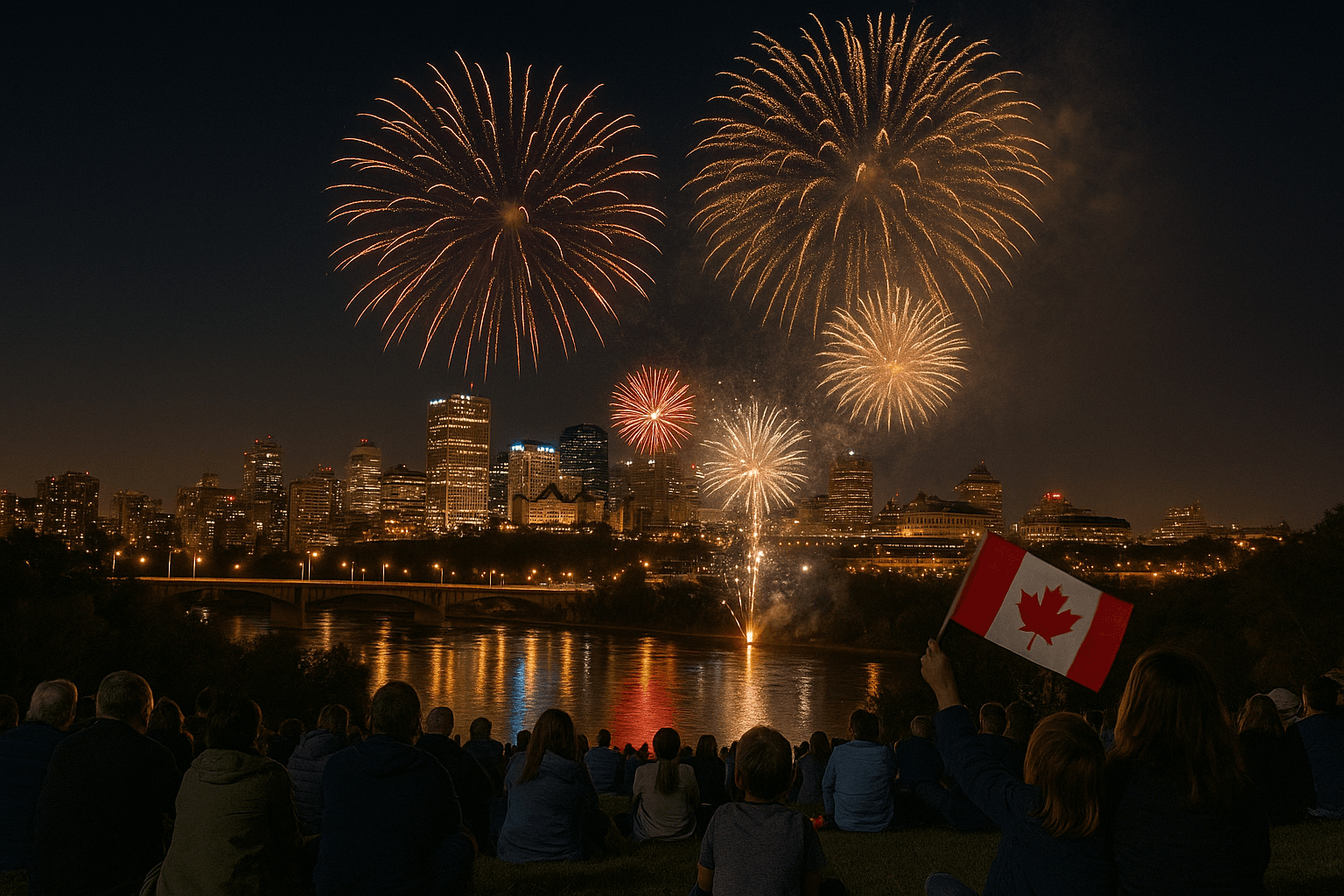 Canada Day fireworks over Edmonton skyline with people watching from a grassy hill and waving Canadian flags