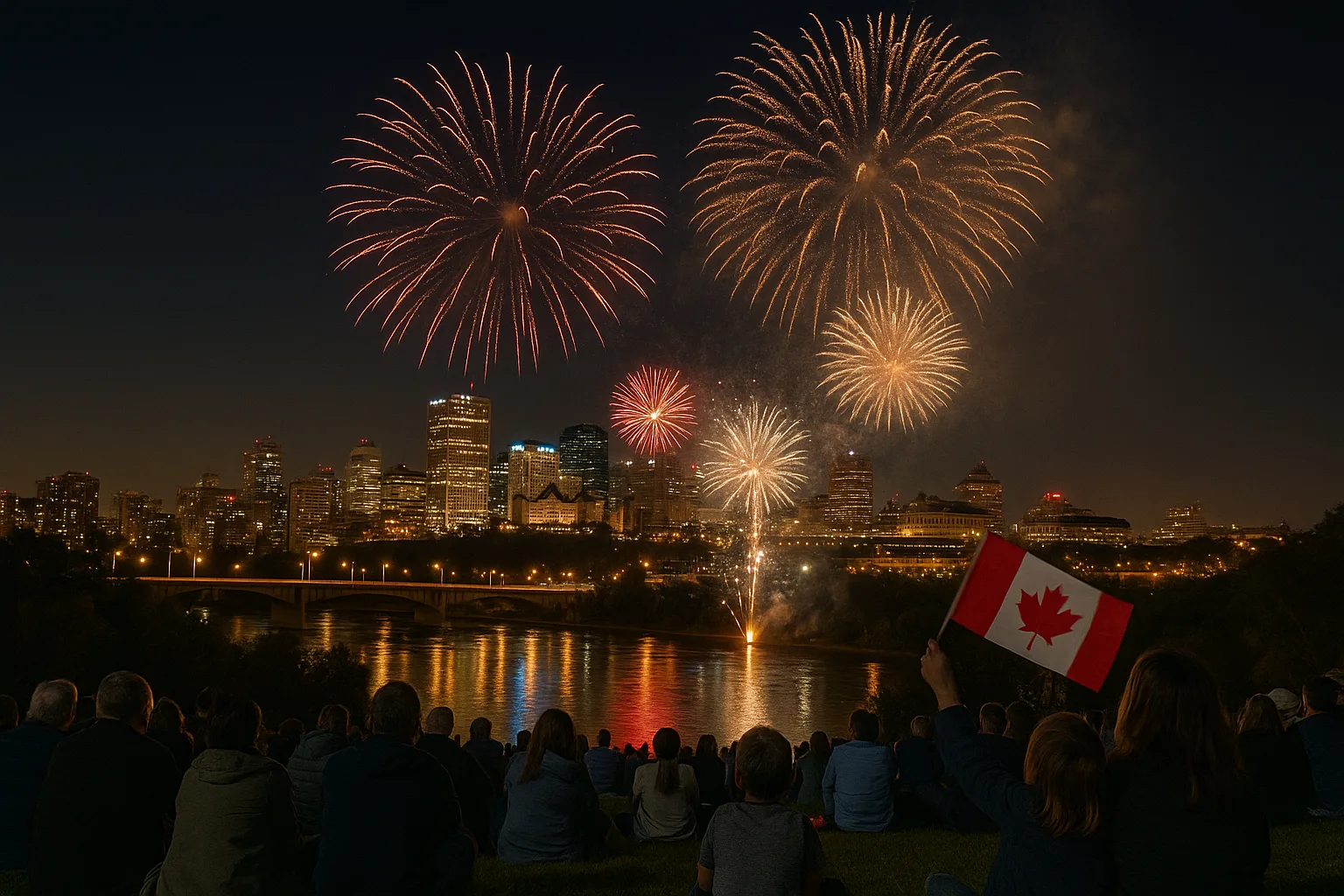 Canada Day fireworks over Edmonton skyline with people watching from a grassy hill and waving Canadian flags