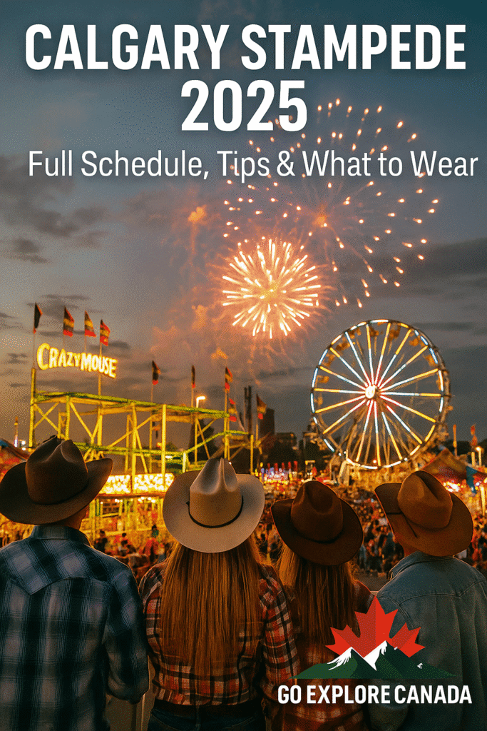 A crowd enjoying the Calgary Stampede 2025 with carnival rides, cowboy hats, and evening lights in Calgary