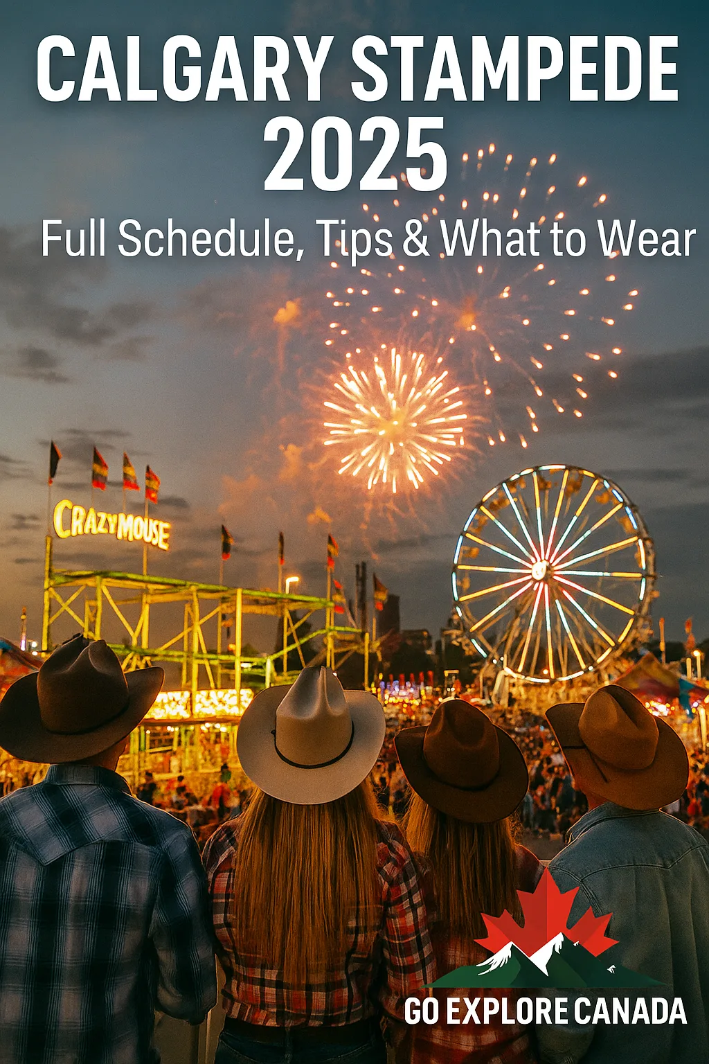 A crowd enjoying the Calgary Stampede 2025 with carnival rides, cowboy hats, and evening lights in Calgary