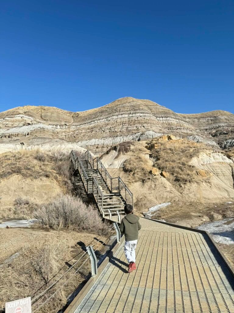 Child walking at Drumheller hoodoos boardwalk