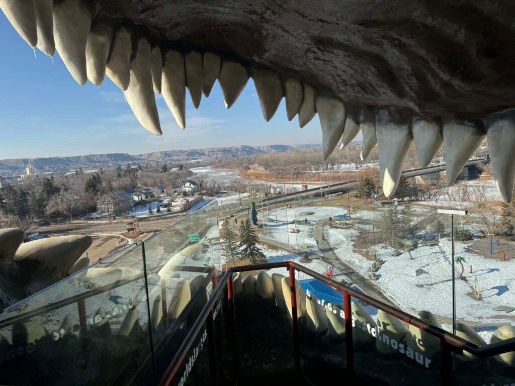World’s largest dinosaur statue in Drumheller Alberta Mouth View