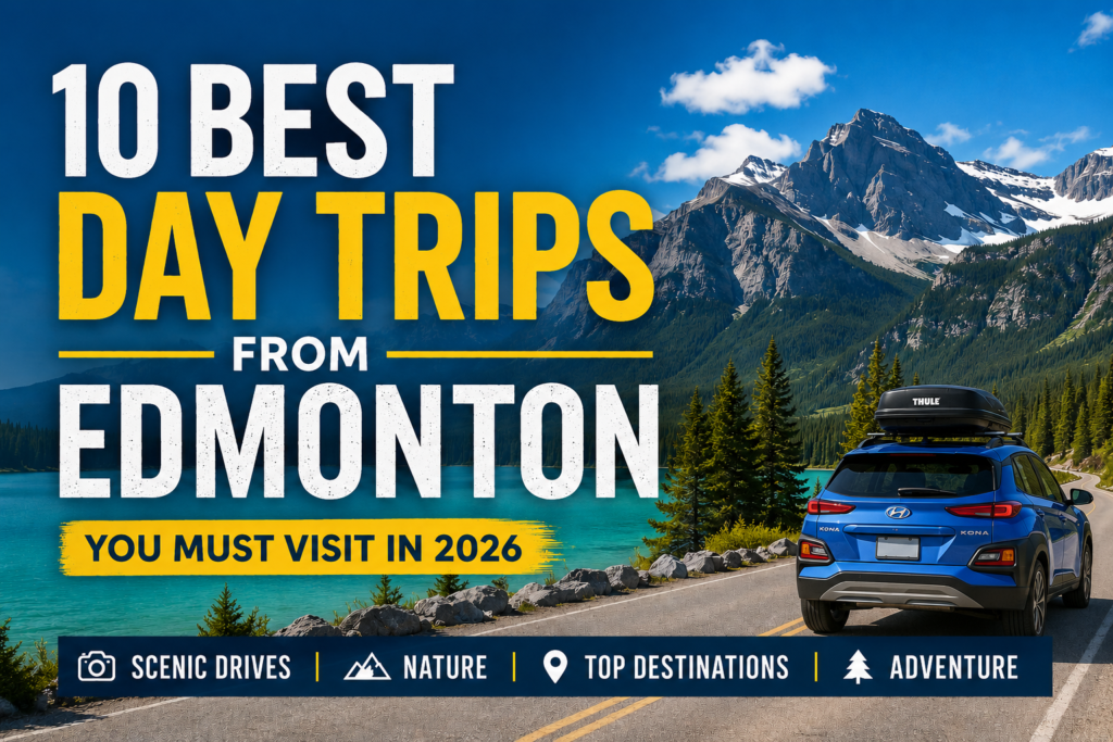 Blue Hyundai Kona with Thule roof box driving beside a turquoise mountain lake during an Alberta road trip near Banff.